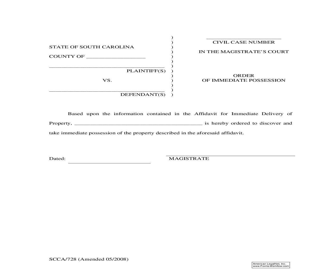 Order Of Immediate Possession {SCCA-728} | Pdf Fpdf Doc Docx | South Carolina