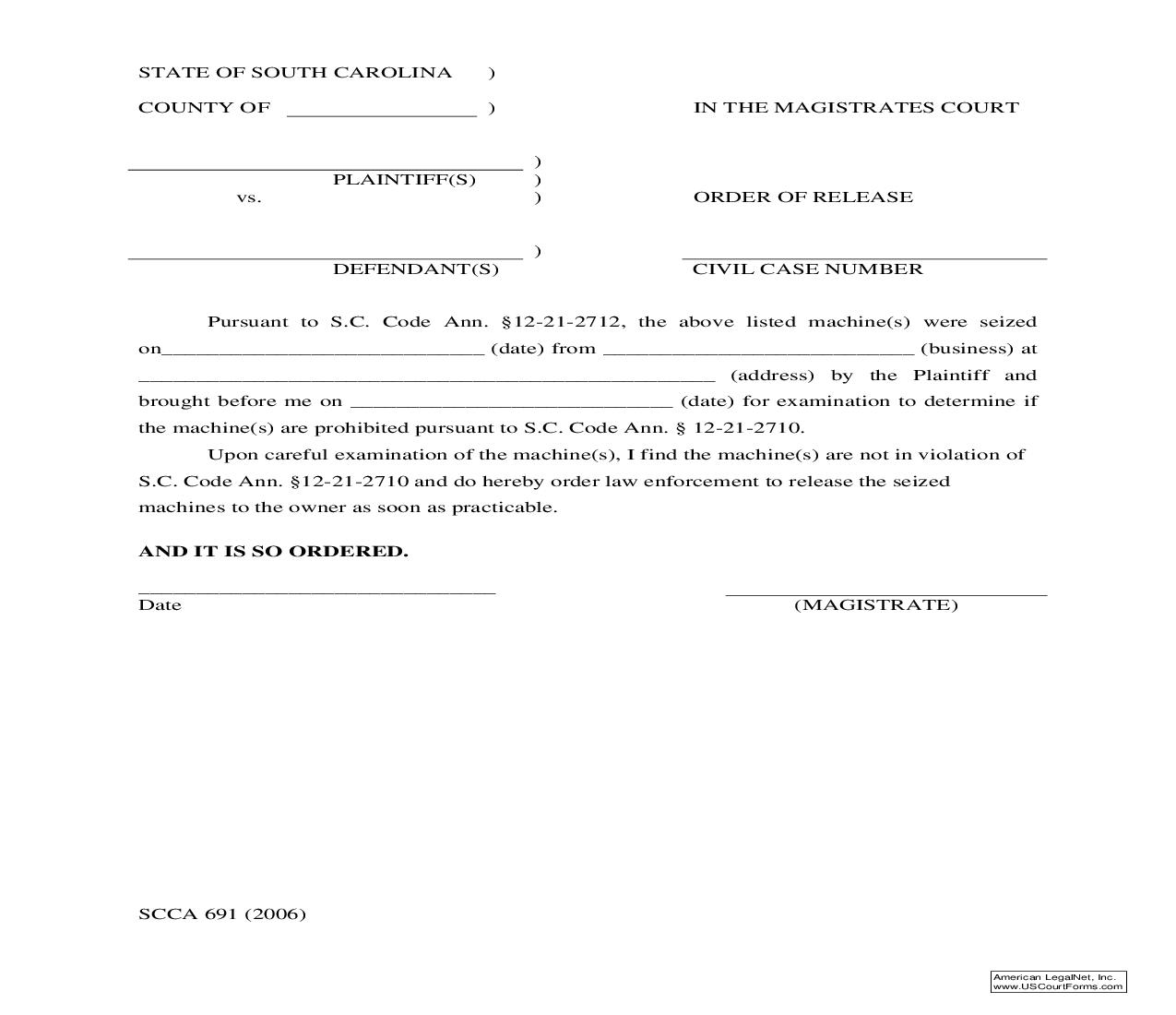 Order Of Release {SCCA-691} | Pdf Fpdf Doc Docx | South Carolina