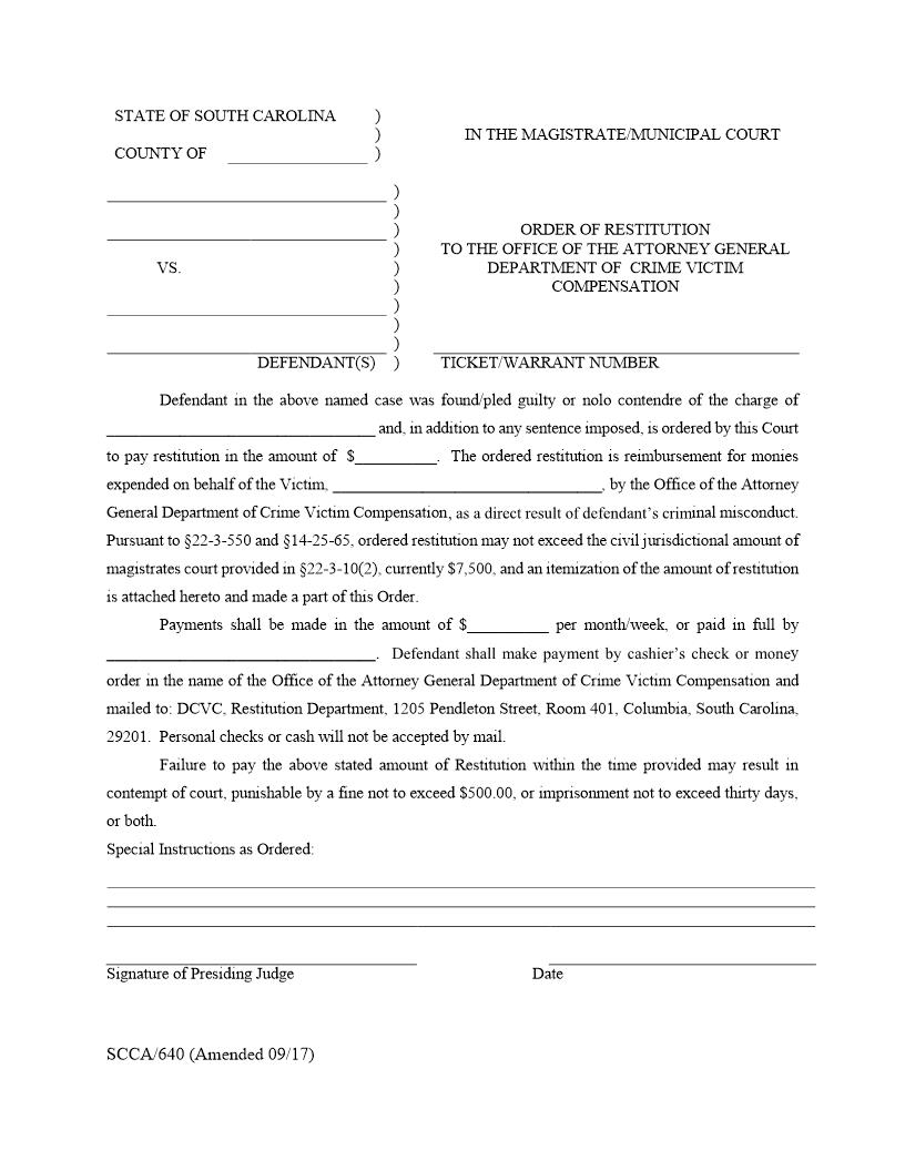 Order Of Restitution To State Office Of Victims Assistance (Magistrate Court) {SCCA-640} | Pdf Fpdf Doc Docx | South Carolina