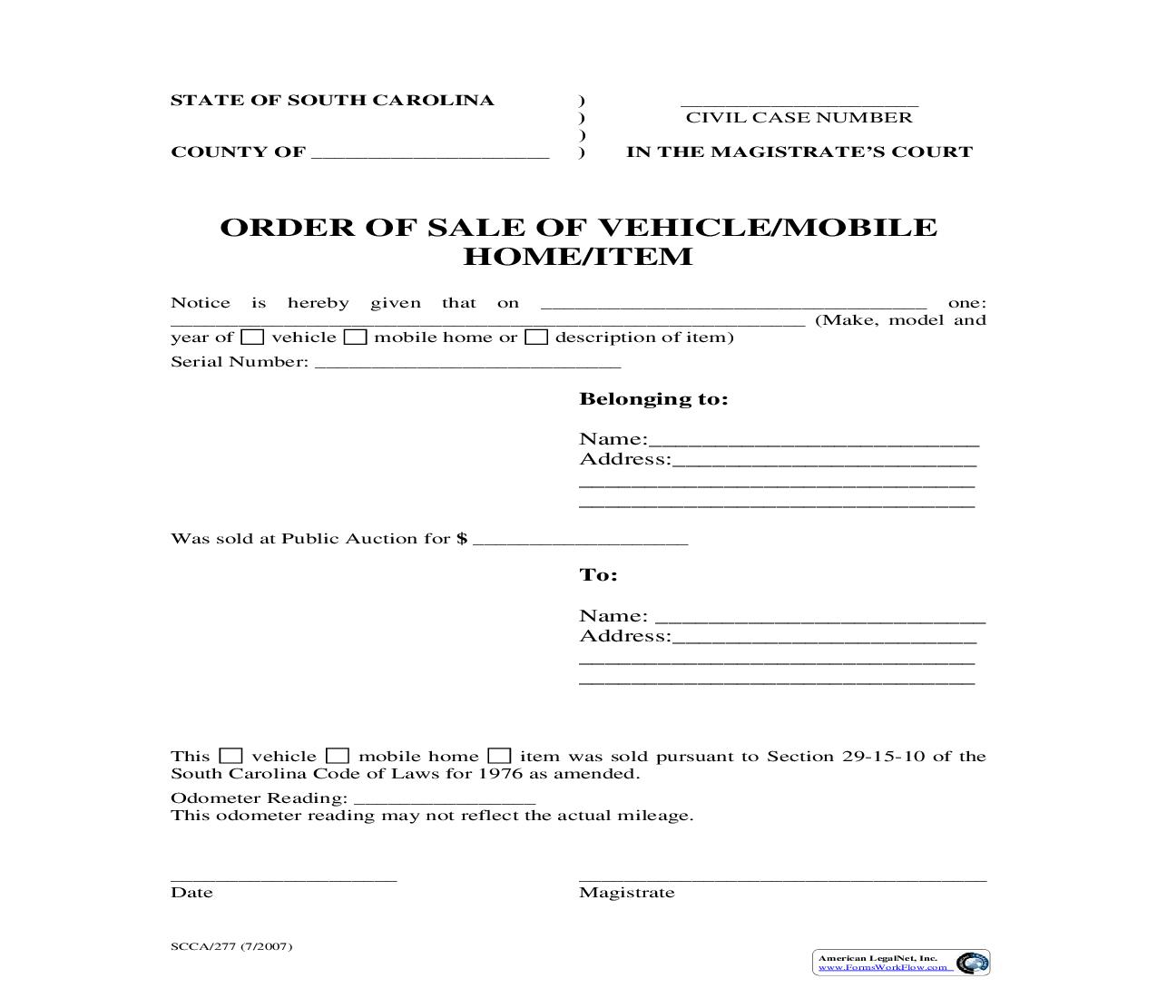 Order Of Sale Of Vehicle-Mobile Home-Item {SCCA-277} | Pdf Fpdf Doc Docx | South Carolina