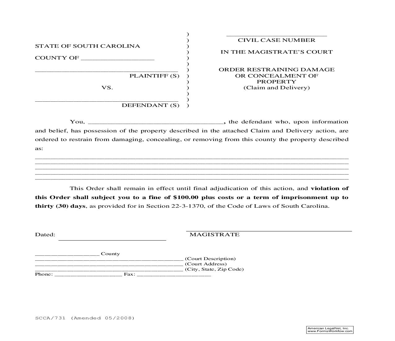 Order Restraining Damage Or Concealment Of Property (Claim And Delivery) {SCCA-731} | Pdf Fpdf Doc Docx | South Carolina