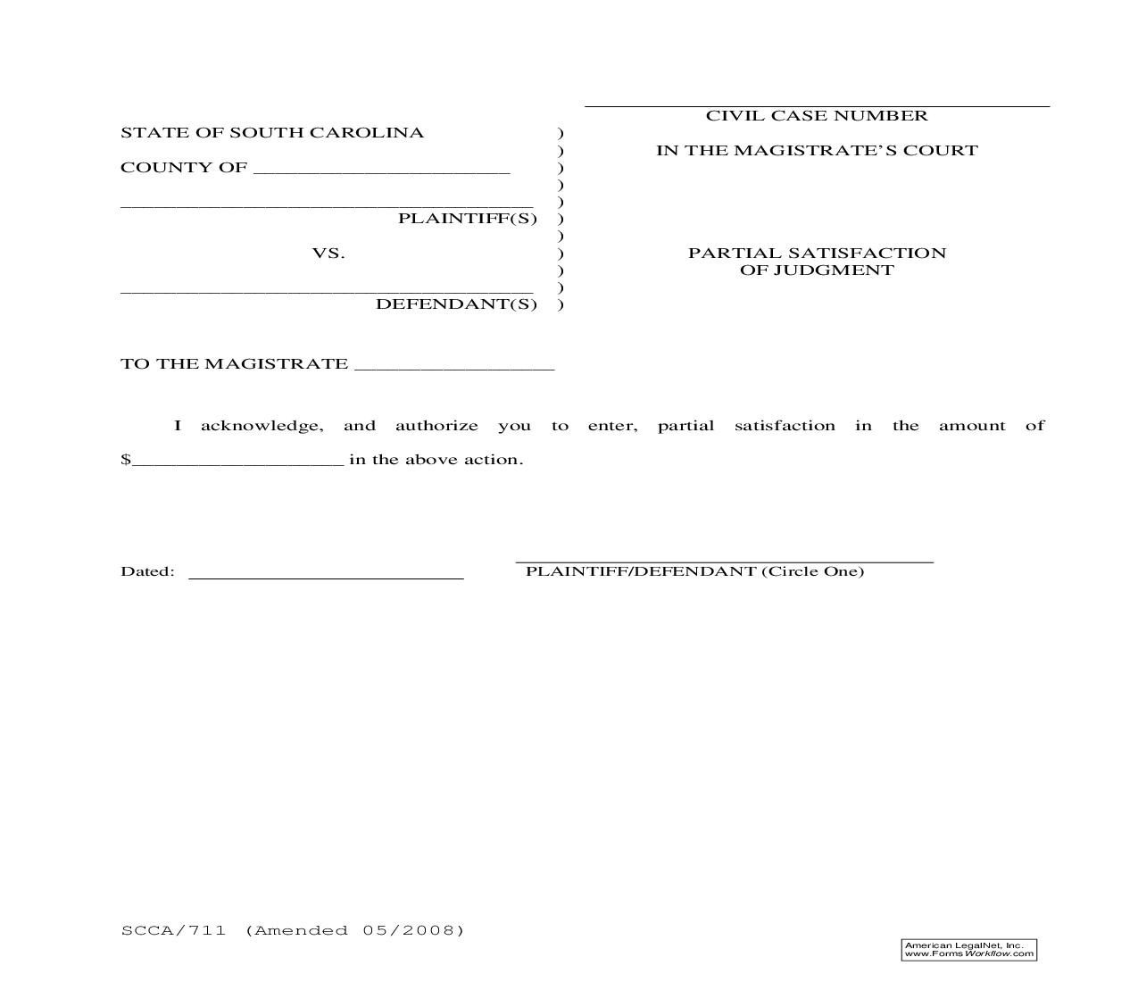 Partial Satisfaction Of Judgment {SCCA-711} | Pdf Fpdf Doc Docx | South Carolina