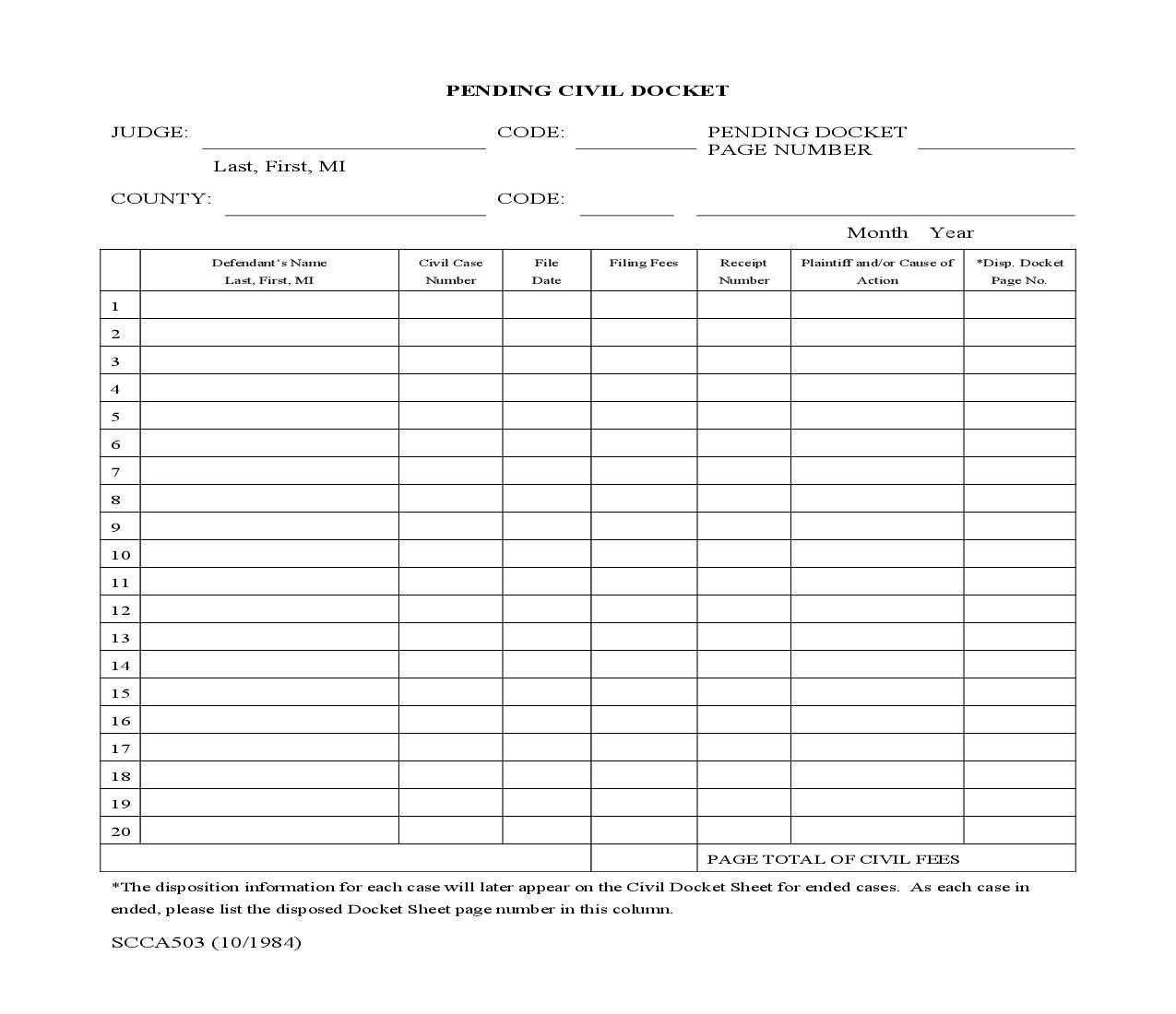 Pending Civil Docket {SCCA-503} | Pdf Fpdf Doc Docx | South Carolina