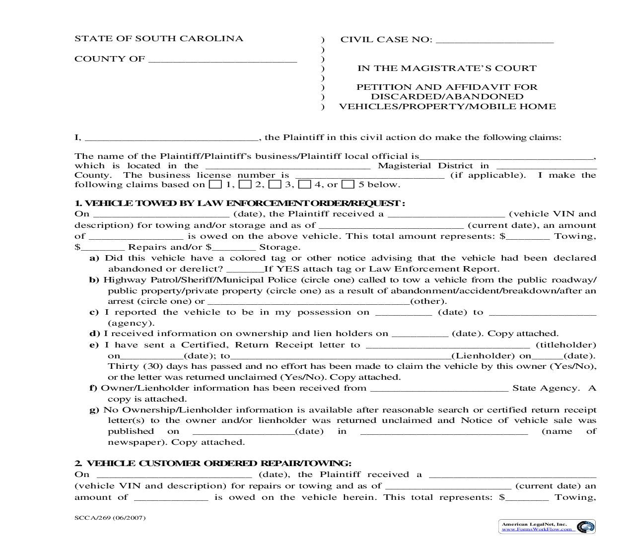 Petition And Affidavit For Discarded-Abandoned Vehicles-Property {SCCA-269} | Pdf Fpdf Doc Docx | South Carolina