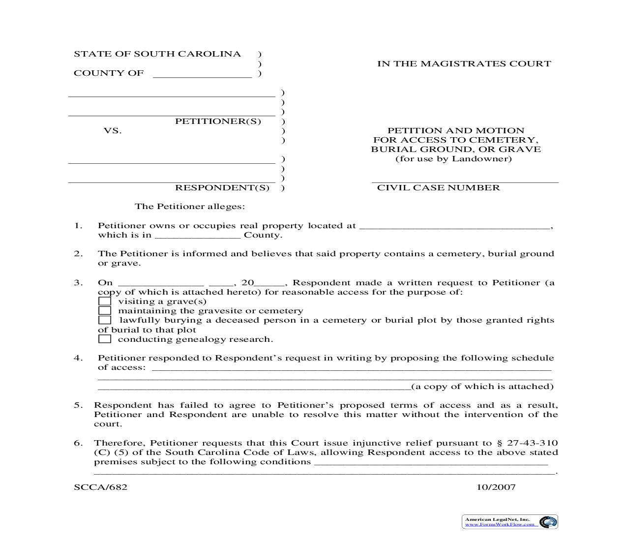 Petition And Motion For Access To Cemetery Burial Ground (Use By Landowner) {SCCA-682} | Pdf Fpdf Doc Docx | South Carolina