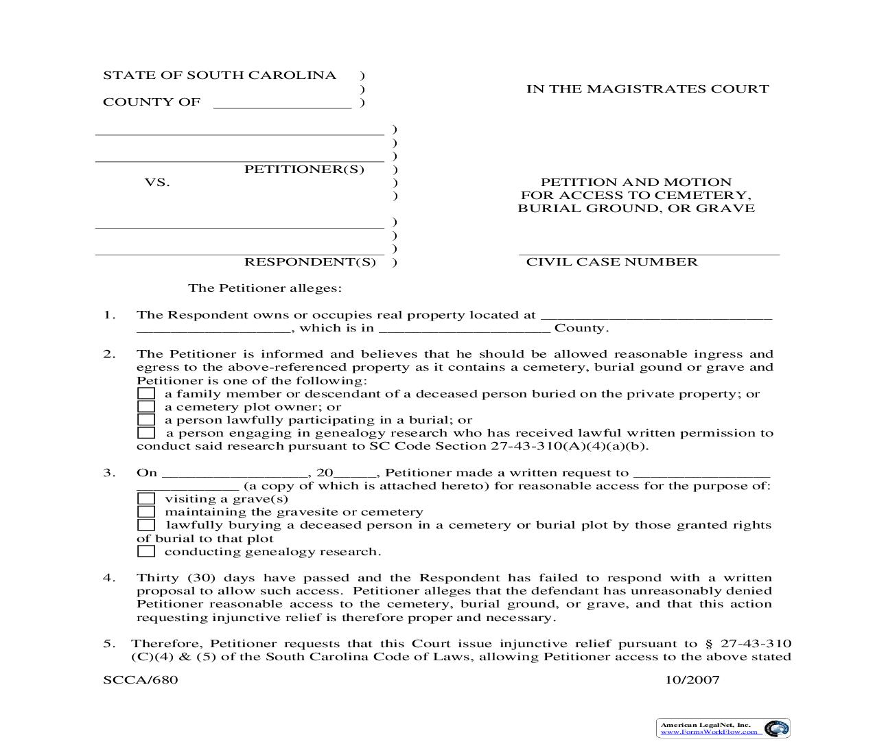 Petition And Motion For Access To Cemetery Burial Ground Or Grave {SCCA-680} | Pdf Fpdf Doc Docx | South Carolina