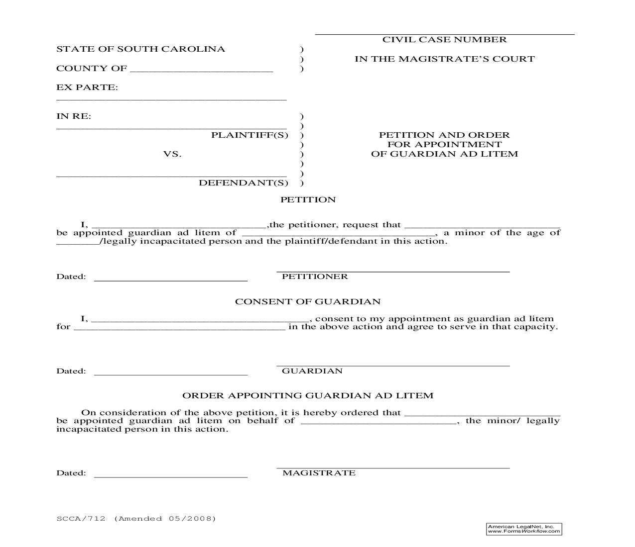 Petition And Order For Appointment Of Guardian Ad Litem {SCCA-712} | Pdf Fpdf Doc Docx | South Carolina