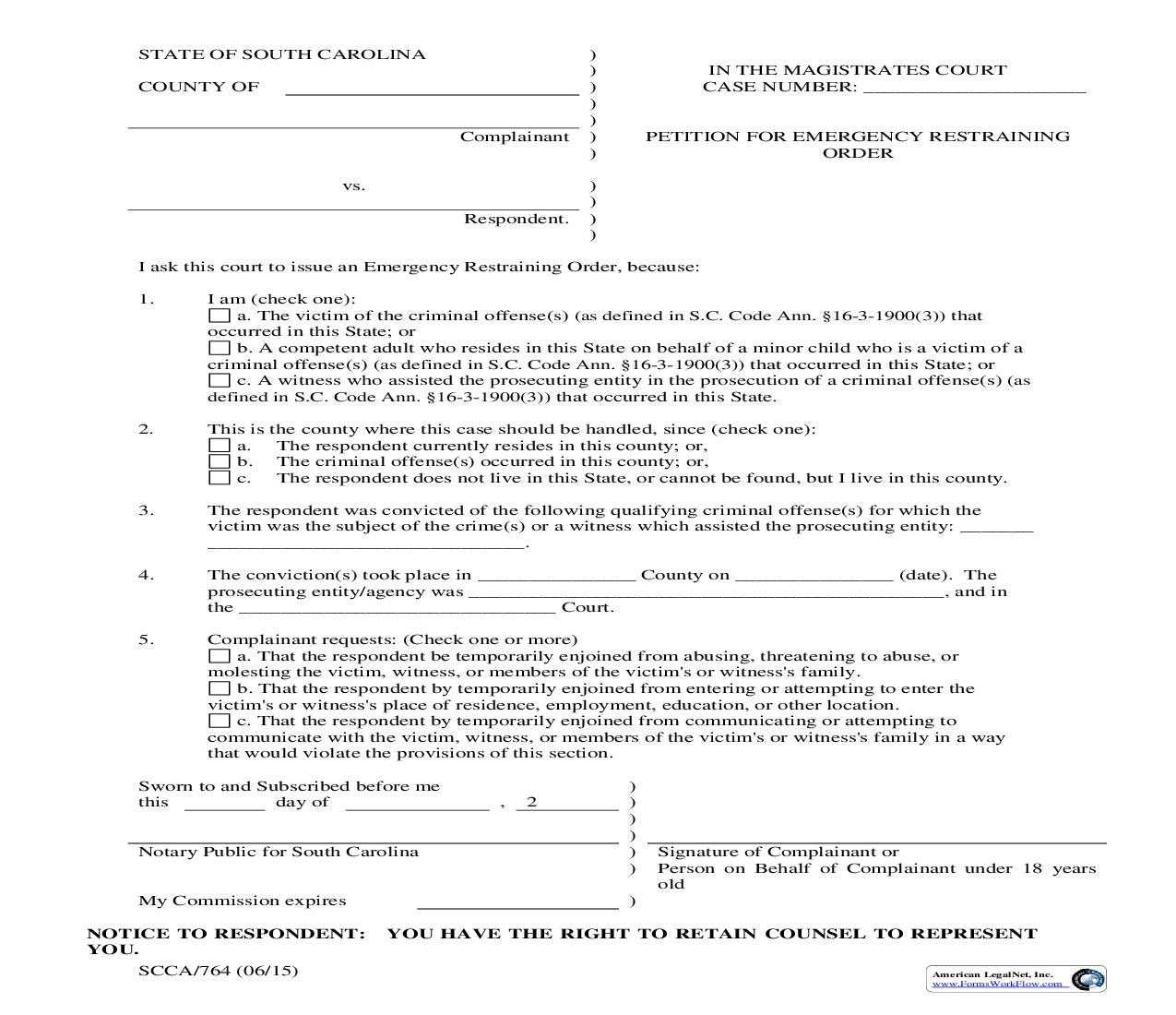 Petition For Emergency Restraining Order {SCCA-764} | Pdf Fpdf Doc Docx | South Carolina