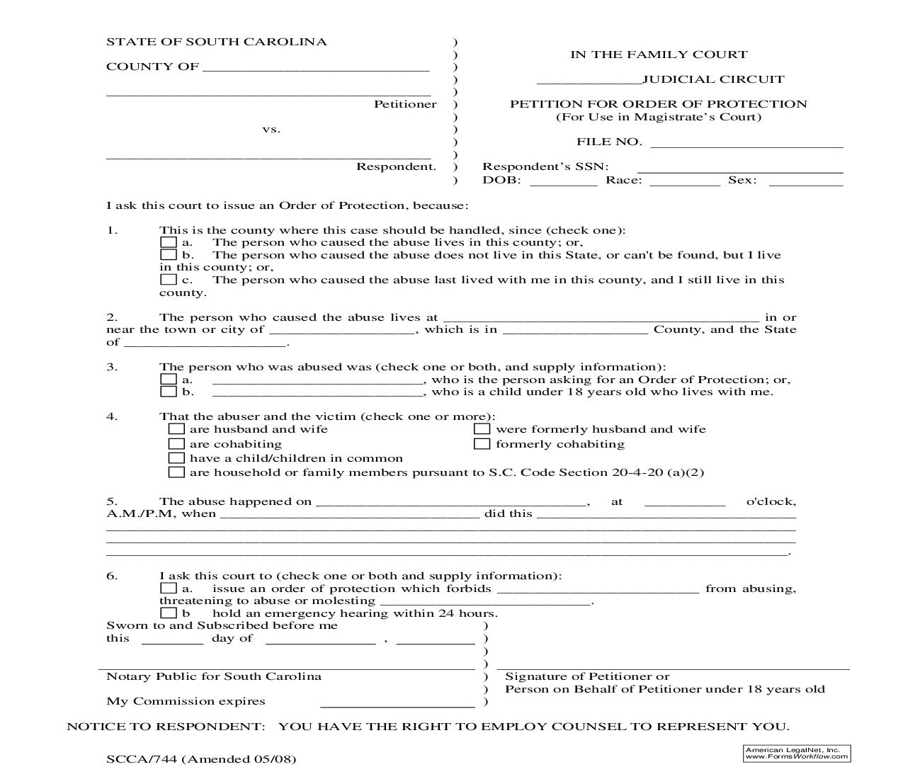 Petition For Order Of Proctection {SCCA-744} | Pdf Fpdf Doc Docx | South Carolina