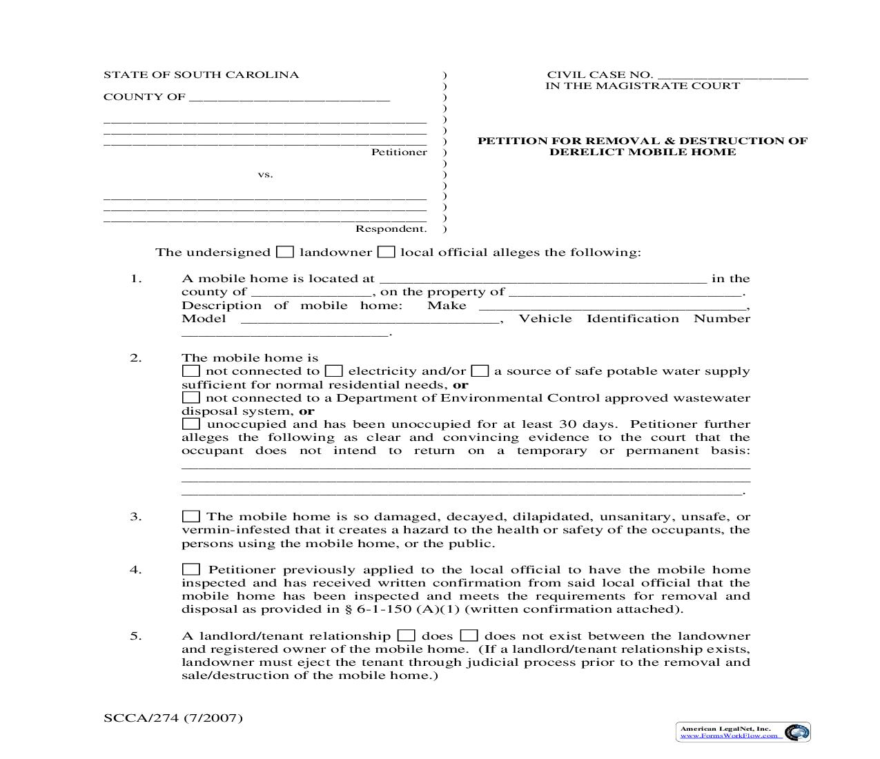 Petition For Removal And Destruction Of Derelict Mobile Home {SCCA-274} | Pdf Fpdf Doc Docx | South Carolina
