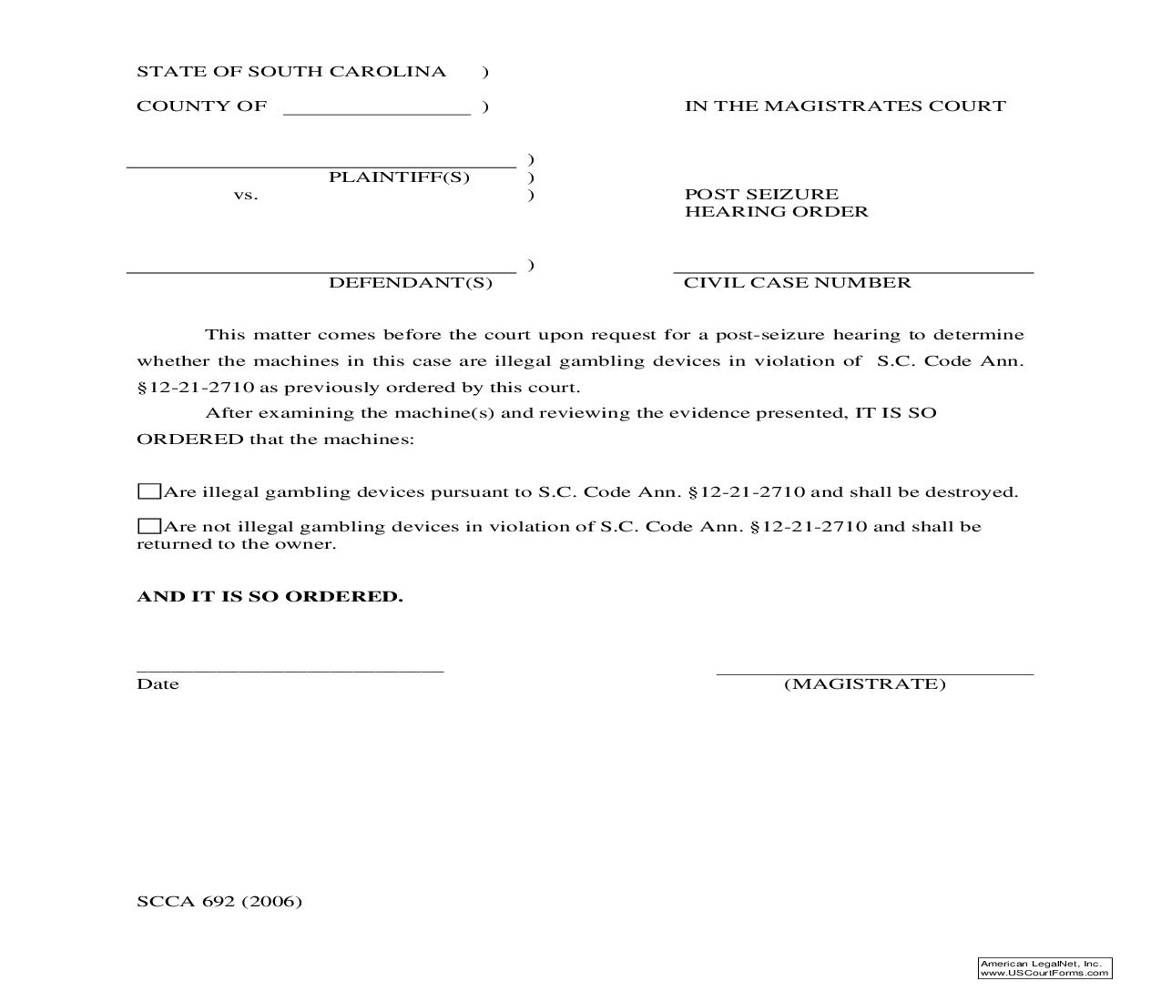 Post Seizure Hearing Order {SCCA-692} | Pdf Fpdf Doc Docx | South Carolina