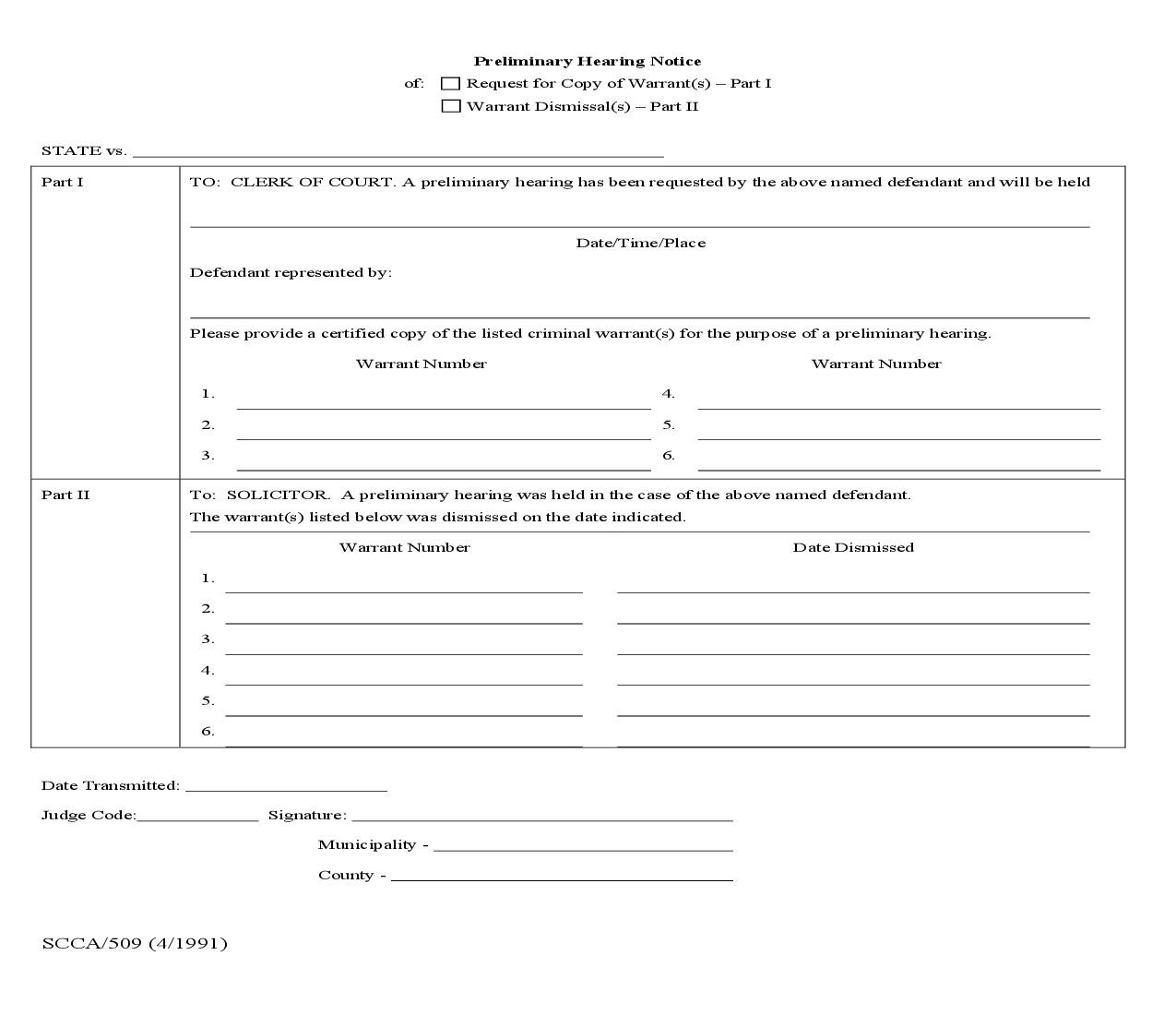 Preliminary Hearing Notice {SCCA-509} | Pdf Fpdf Doc Docx | South Carolina