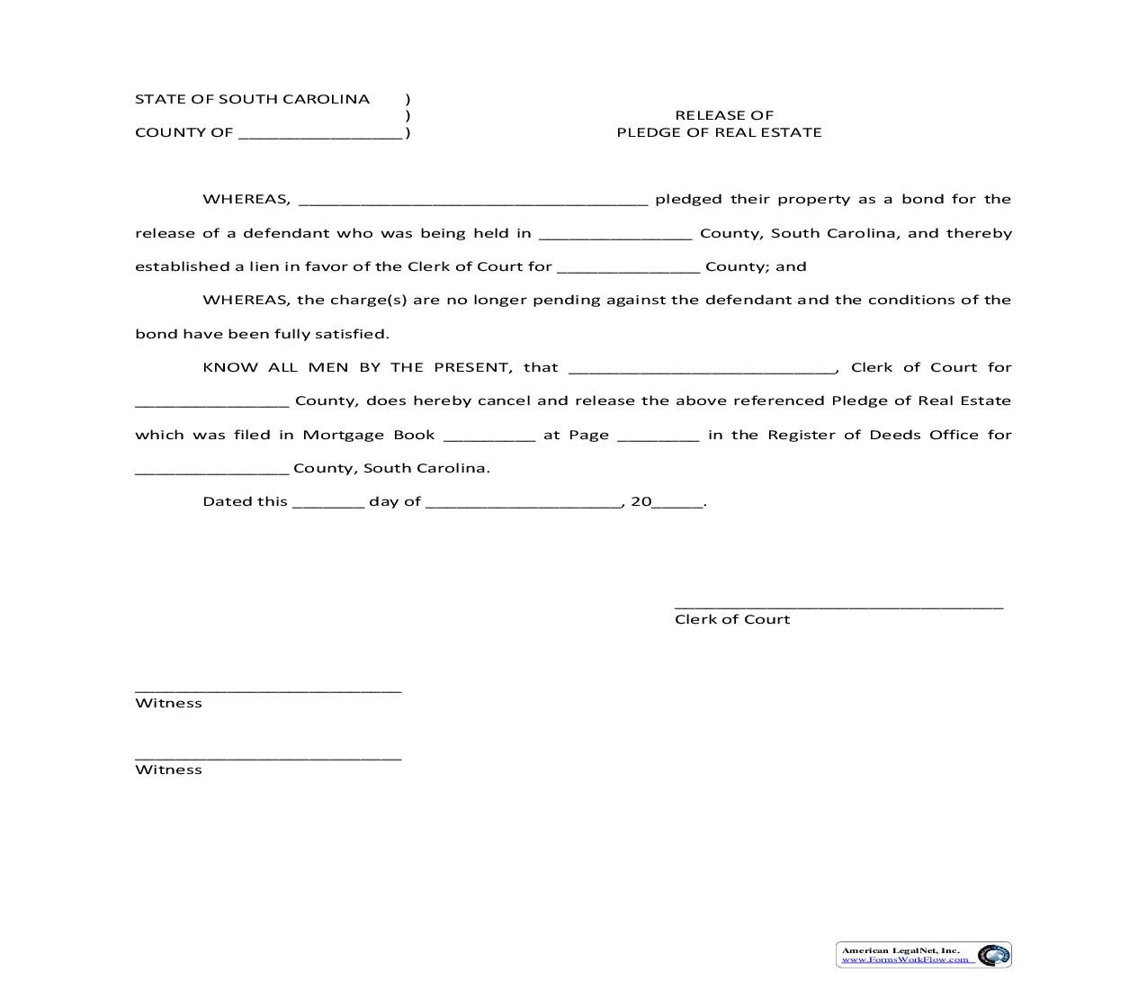 Release Of Pledge Of Real Estate {SCCA-283} | Pdf Fpdf Doc Docx | South Carolina