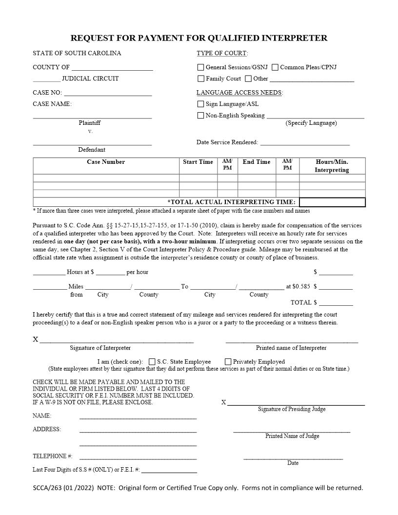Request For Payment For Qualified Interpreter {SCCA-263} | Pdf Fpdf Doc Docx | South Carolina