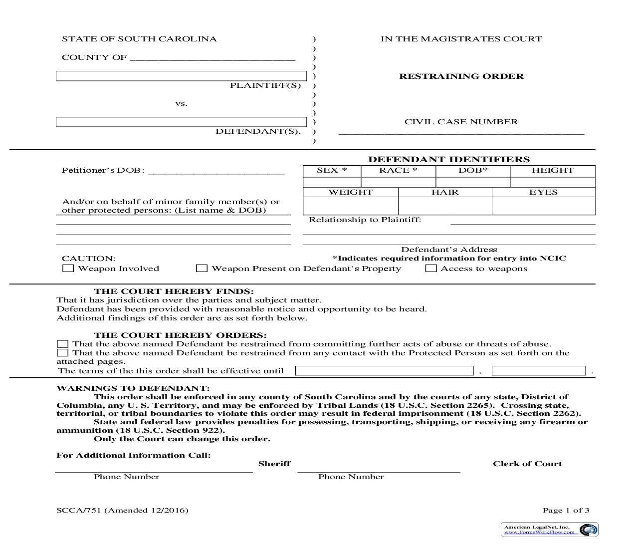 Restraining Order {SCCA-751} | Pdf Fpdf Doc Docx | South Carolina