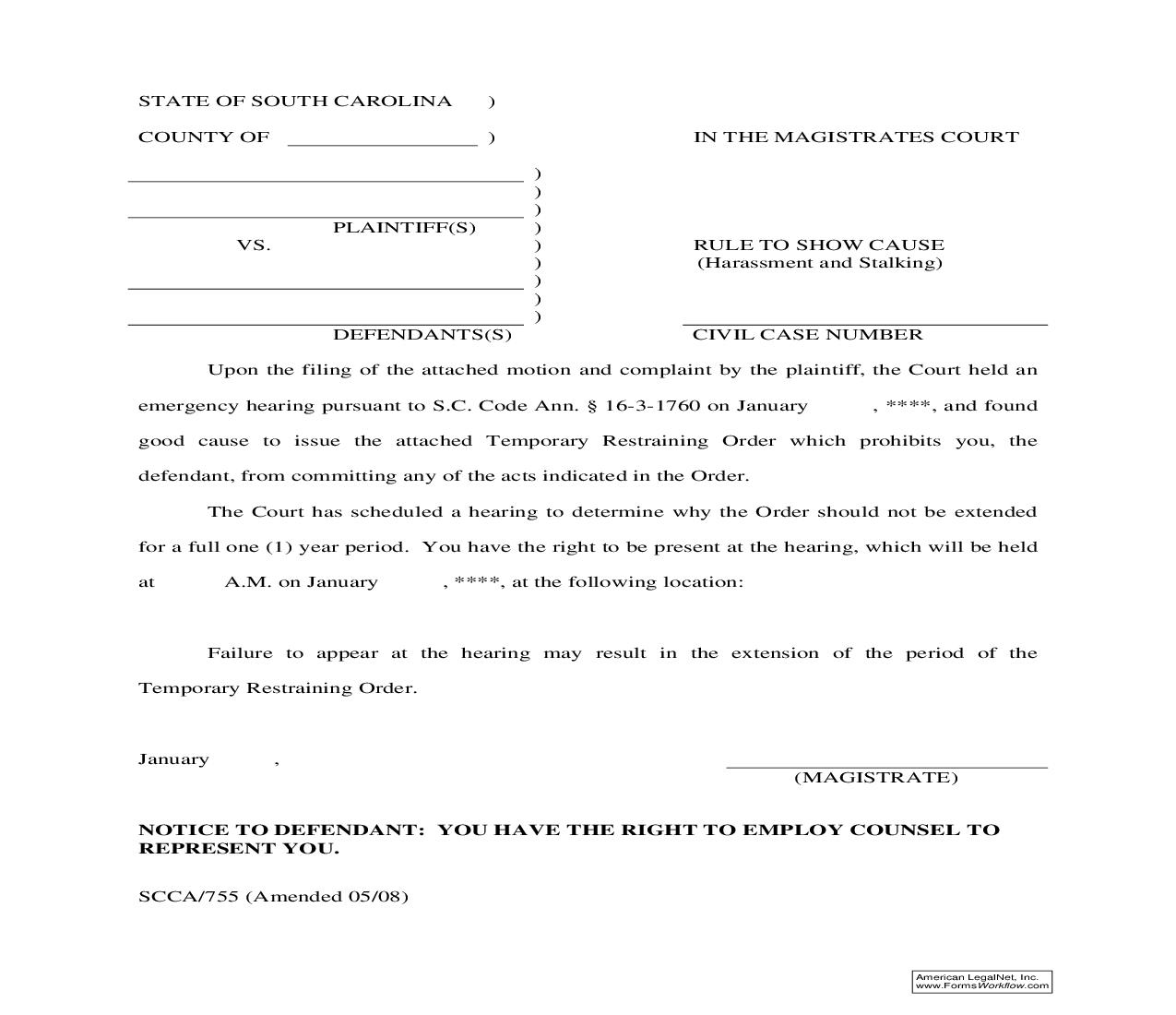 Rule To Show Cause {SCCA-755} | Pdf Fpdf Doc Docx | South Carolina