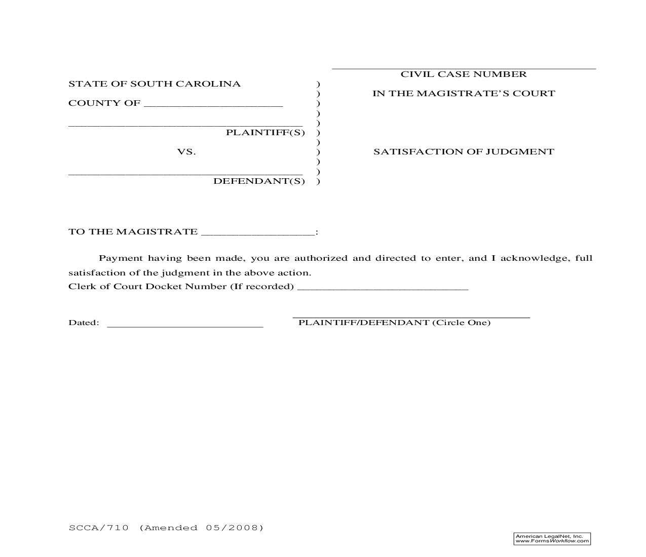 Satisfaction Of Judgment {SCCA-710} | Pdf Fpdf Doc Docx | South Carolina
