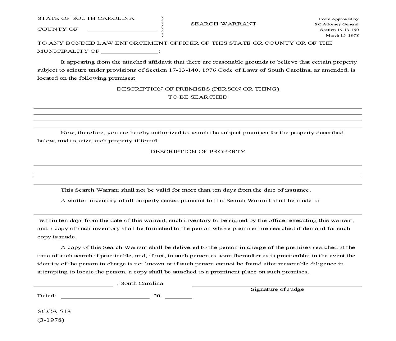 Search Warrant {SCCA-513} | Pdf Fpdf Doc Docx | South Carolina
