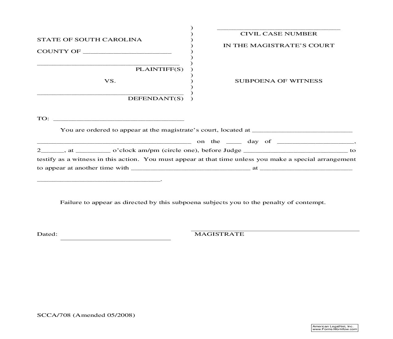 Subpoena Of Witness {SCCA-708} | Pdf Fpdf Doc Docx | South Carolina