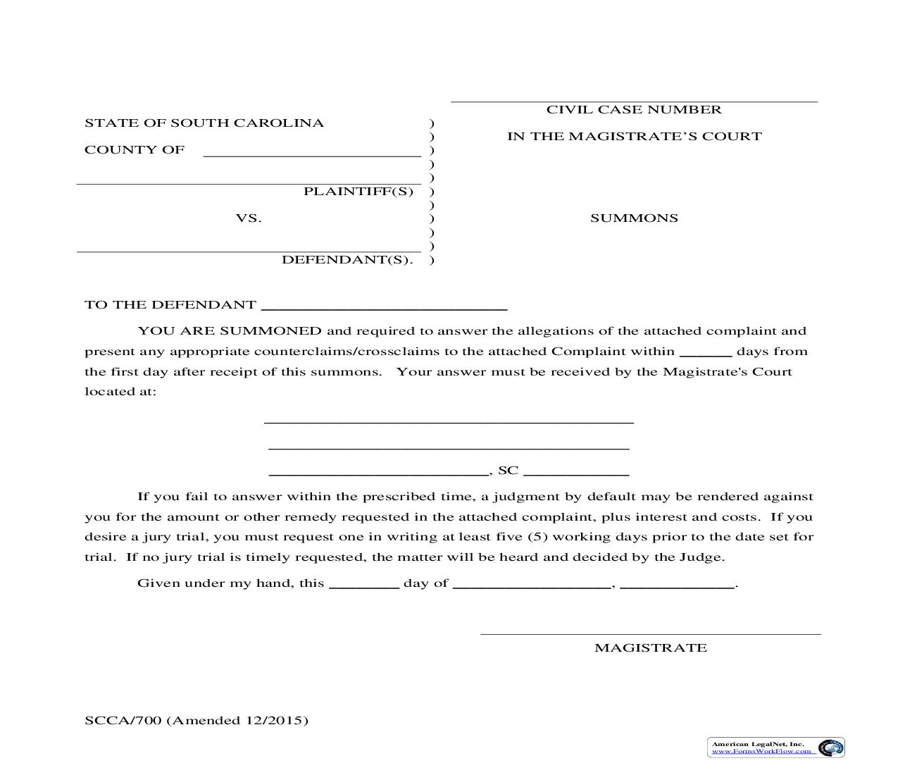 Summons {SCCA-700} | Pdf Fpdf Doc Docx | South Carolina