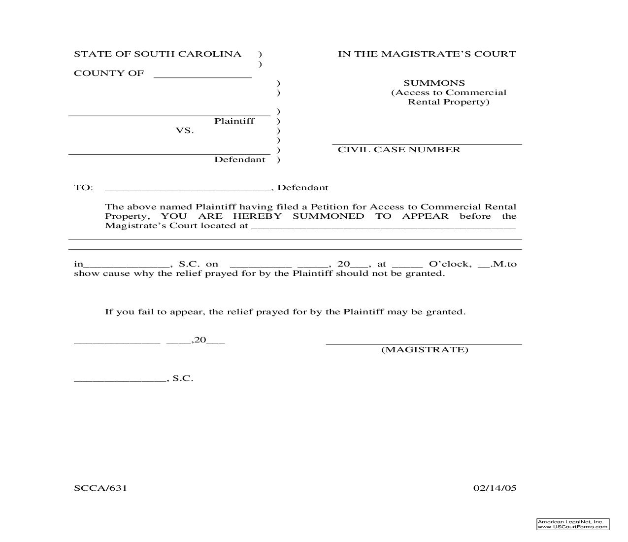 Summons (Access To Commercial Rental Property) {SCCA-631} | Pdf Fpdf Doc Docx | South Carolina