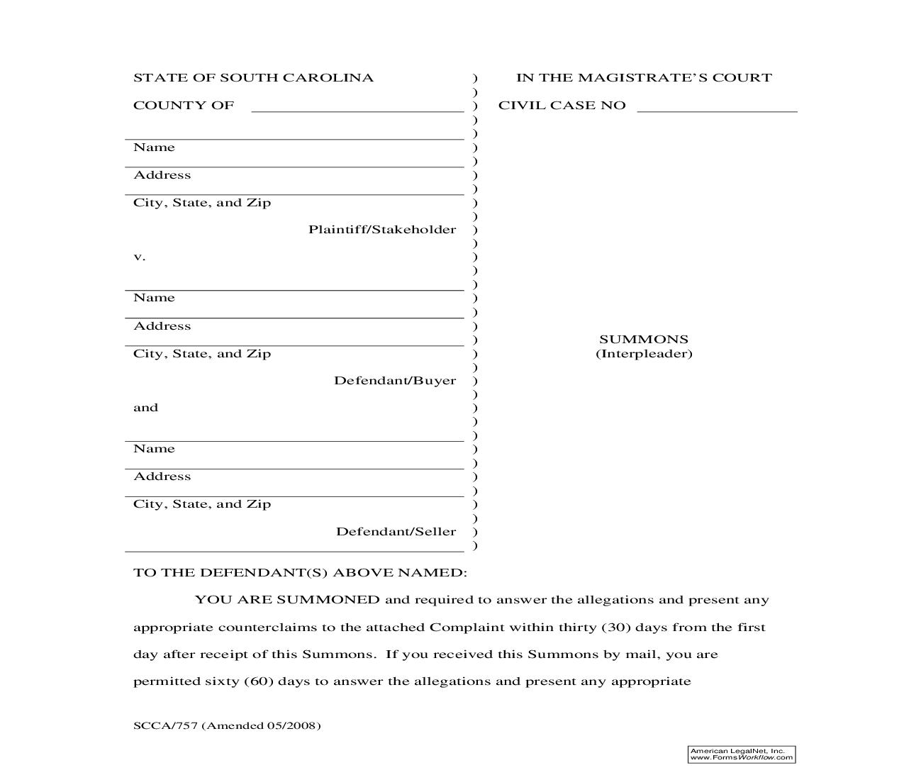 Summons (Interpleader) {SCCA-757} | Pdf Fpdf Doc Docx | South Carolina
