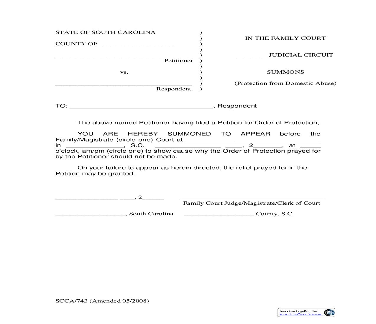 Summons (Protection From Domestic Abuse) {SCCA-743} | Pdf Fpdf Doc Docx | South Carolina