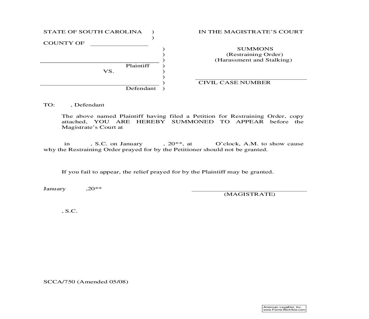 Summons (Restraining Order) {SCCA-750} | Pdf Fpdf Doc Docx | South Carolina