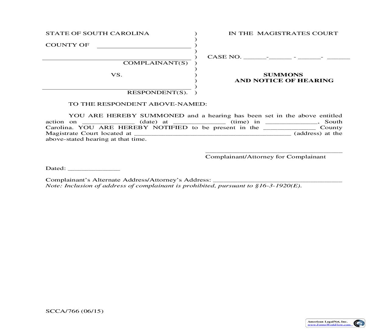 Summons And Notice Of Hearing {SCCA-766} | Pdf Fpdf Doc Docx | South Carolina
