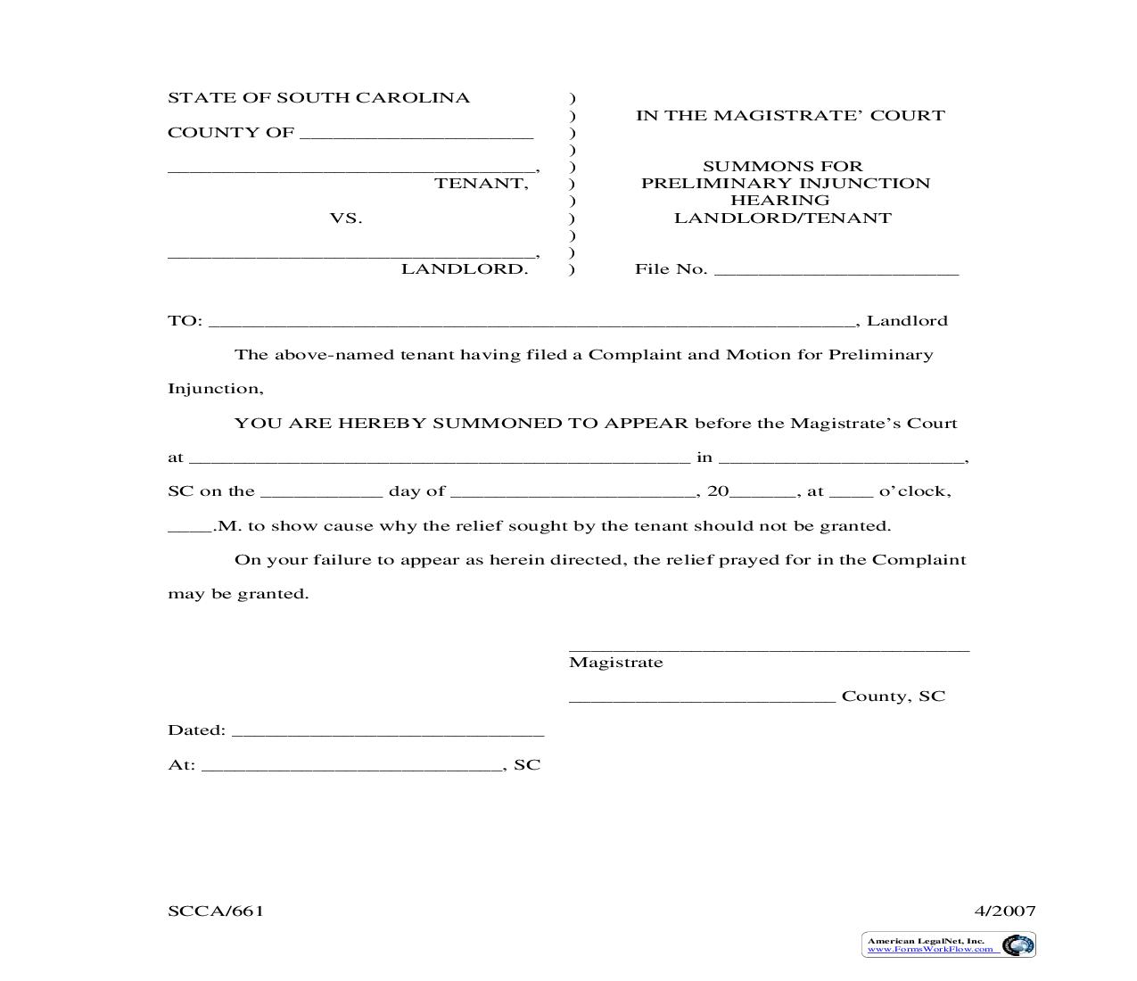 Summons For Preliminary Injunction Hearing Landlord-Tenant {SCCA-661} | Pdf Fpdf Doc Docx | South Carolina