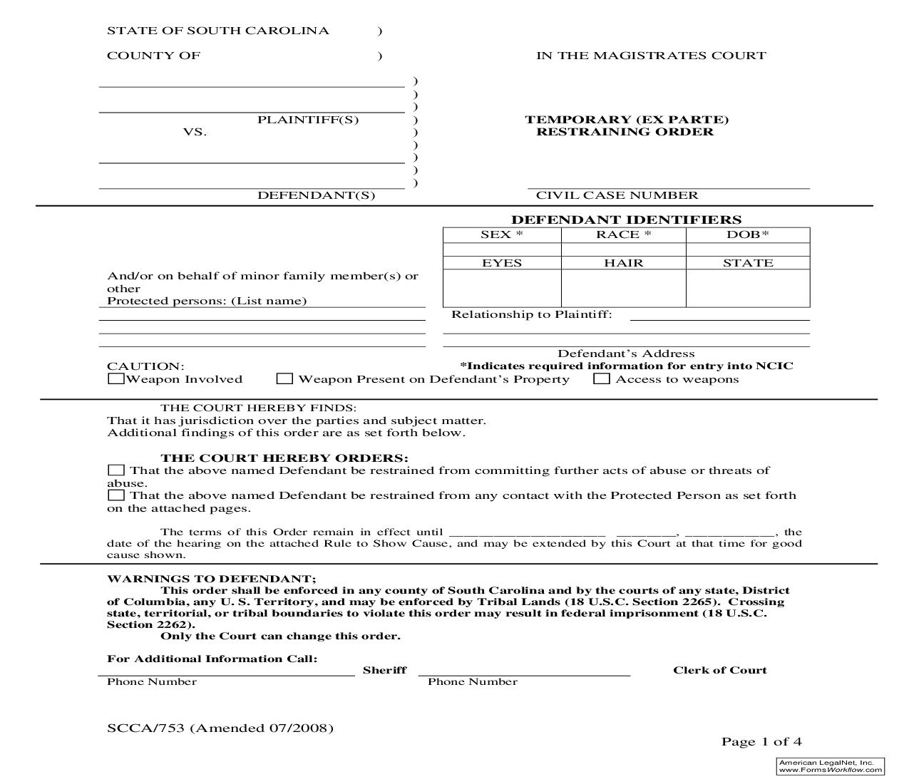 Temporary (Ex Parte) Restraining Order {SCCA-753} | Pdf Fpdf Doc Docx | South Carolina