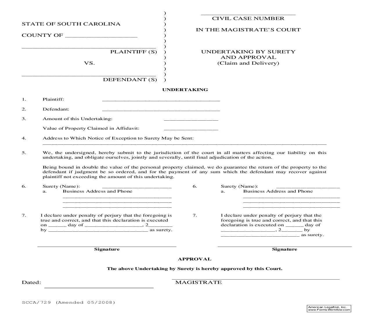 Undertaking By Surety And Approval (Claim And Delivery) {SCCA-729} | Pdf Fpdf Doc Docx | South Carolina