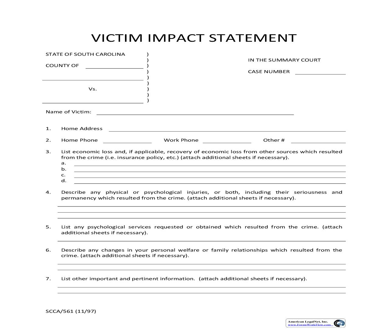 Victim Impact Statement {SCCA-561} | Pdf Fpdf Doc Docx | South Carolina