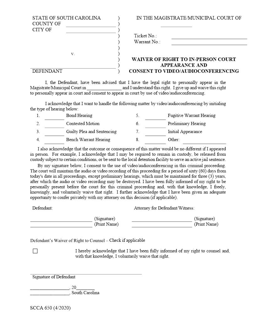 Waiver Of Right To In-Person Court Appearance And Consent To Video-Audioconferencing {SCCA650} | Pdf Fpdf Docx | South Carolina