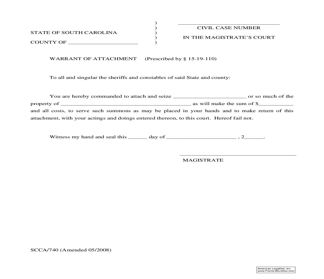 Warrant Of Attachment {SCCA-740} | Pdf Fpdf Doc Docx | South Carolina