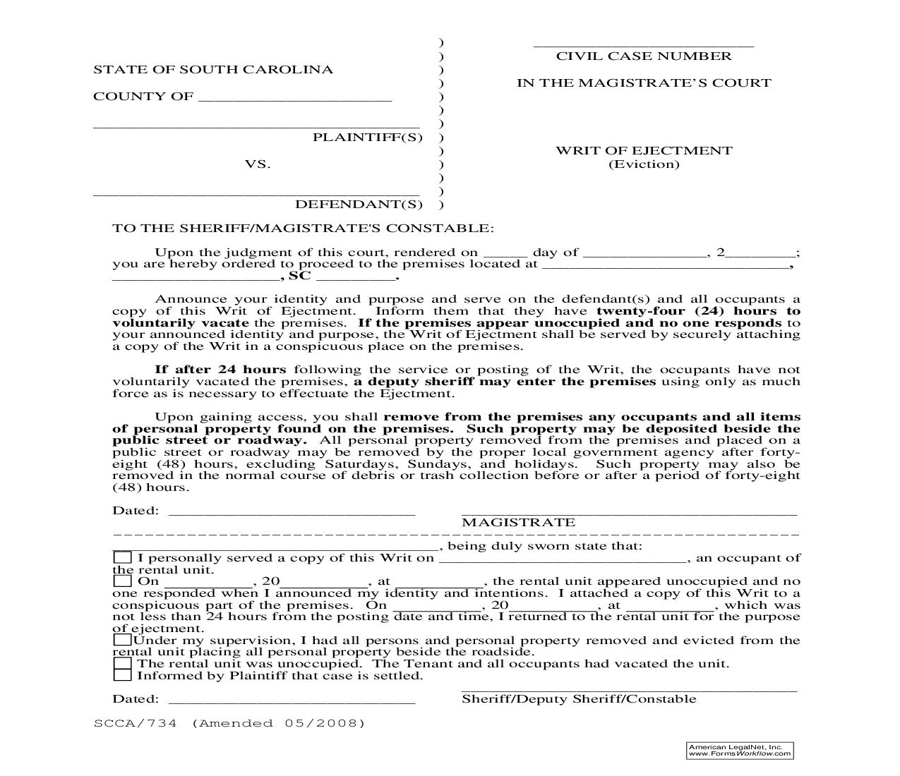 Writ Of Ejectment (Eviction) {SCCA-734} | Pdf Fpdf Doc Docx | South Carolina