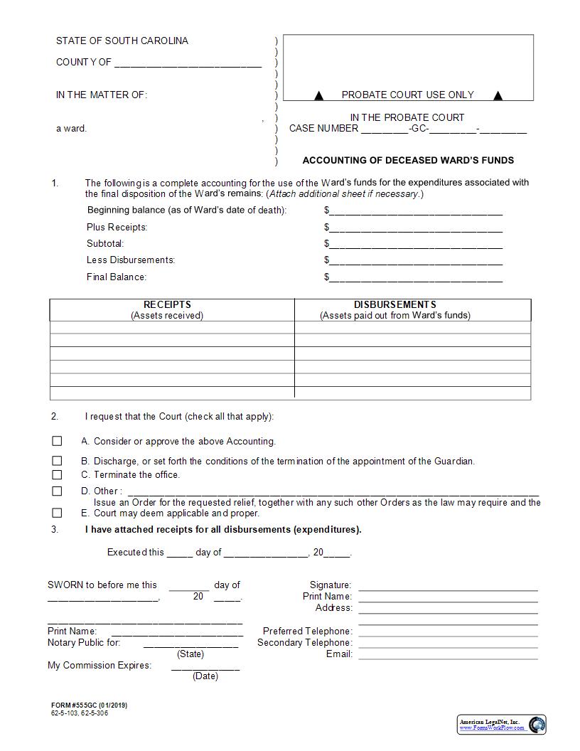 Accounting Of Use Of Deceased Wards Funds {555GC} | Pdf Fpdf Docx | South Carolina