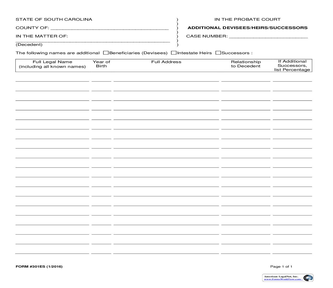 Additional Devisees-Heirs-Successors {301ES} | Pdf Fpdf Doc Docx | South Carolina