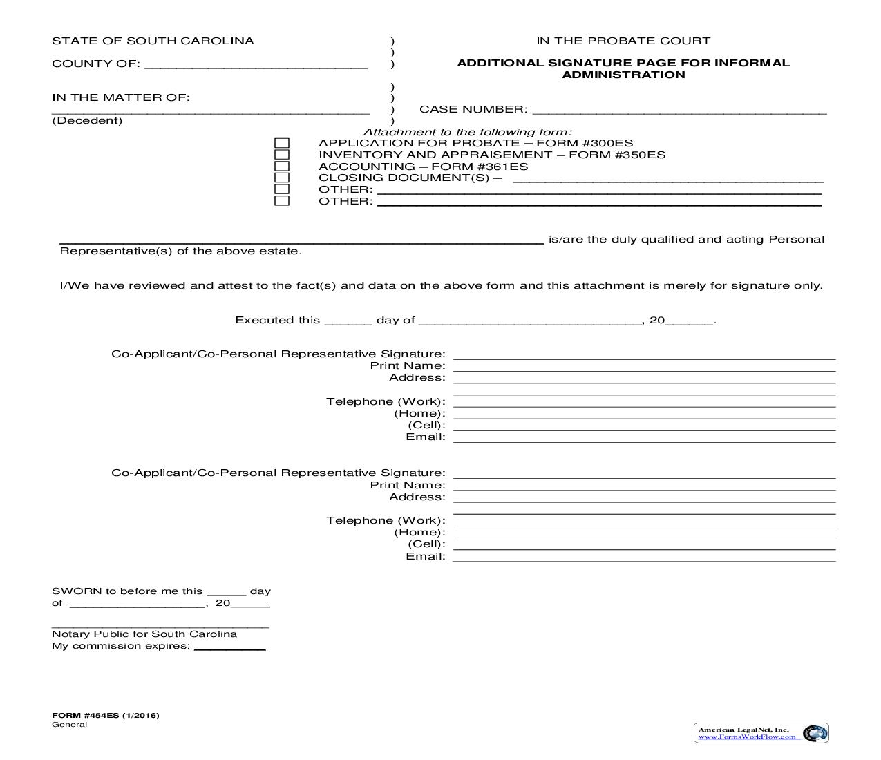 Additional Signature Page For Informal Administration {454ES} | Pdf Fpdf Doc Docx | South Carolina