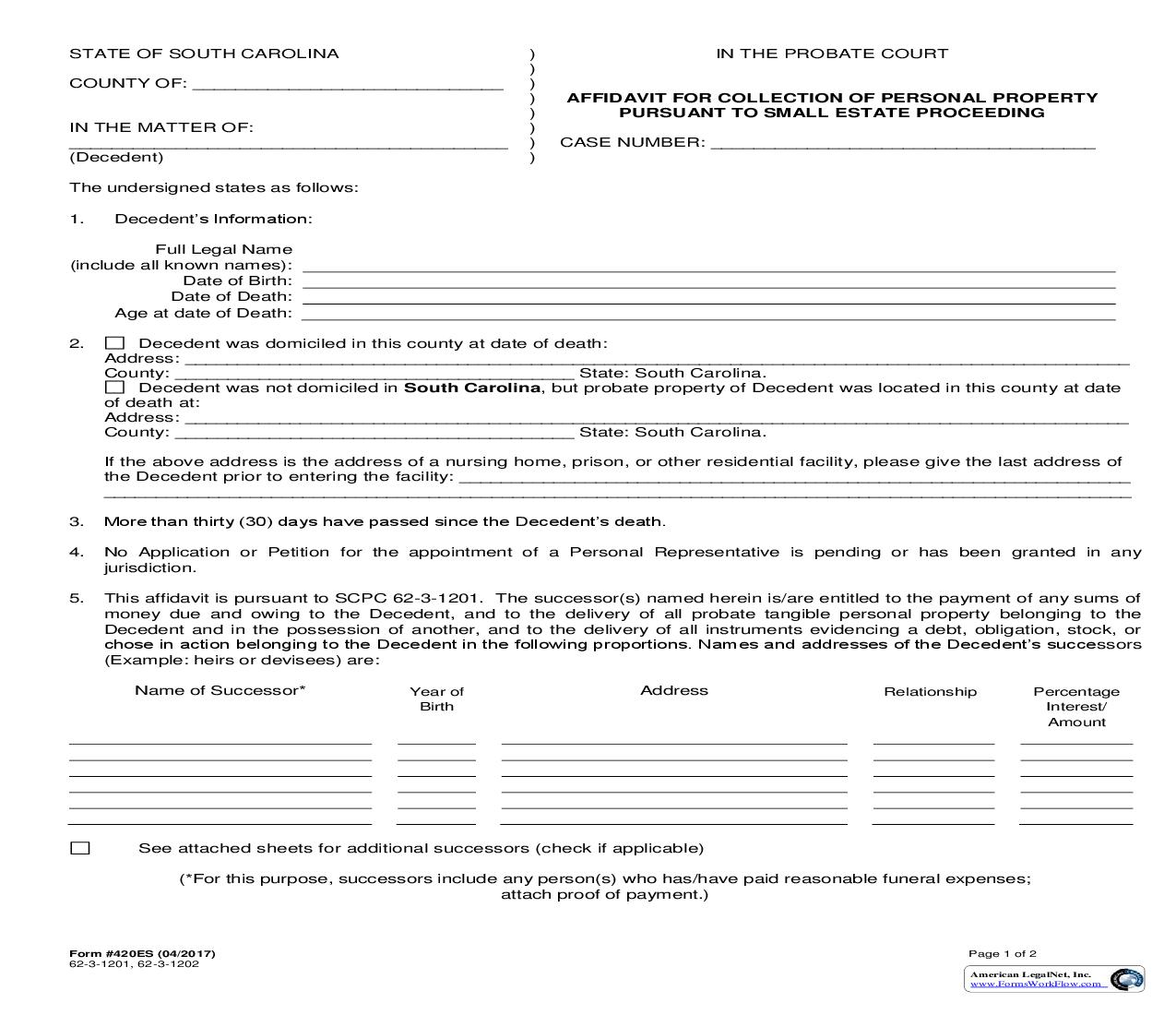Affidavit For Collection Of Personal Property Pursuant To Small Estate Proceedings {420ES} | Pdf Fpdf Doc Docx | South Carolina
