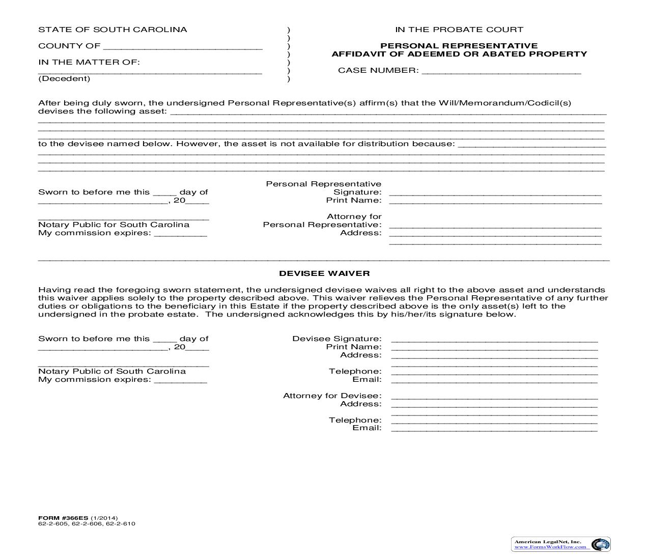 Affidavit Of Adeemed Or Abated Property (Personal Representative) {366ES} | Pdf Fpdf Doc Docx | South Carolina