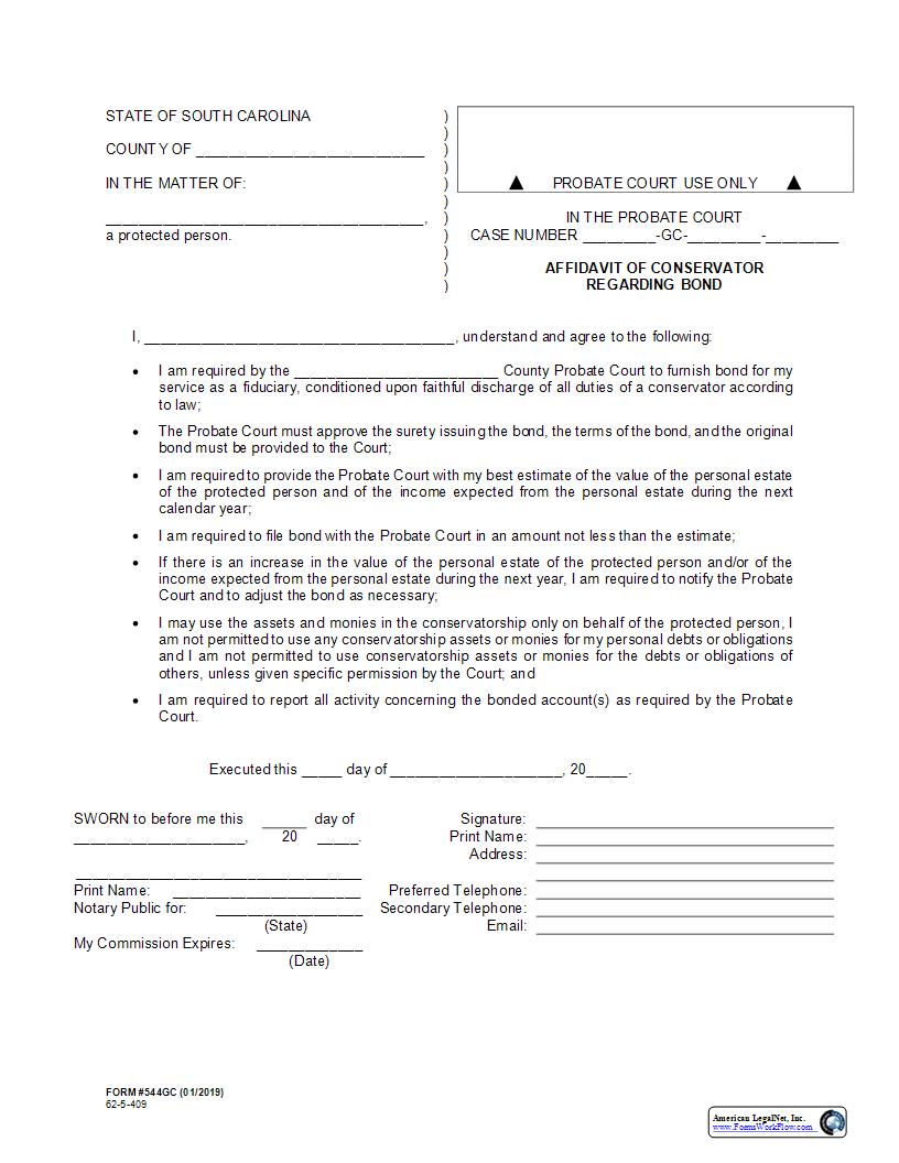 Affidavit Of Conservator Regarding Bond {544GC} | Pdf Fpdf Docx | South Carolina