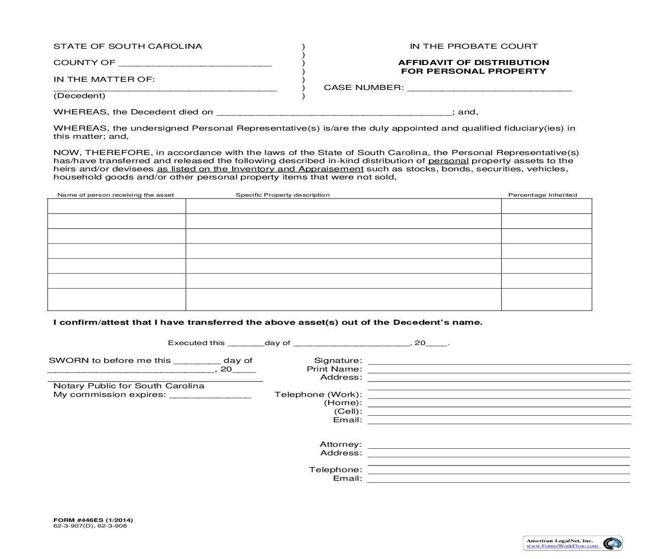 Affidavit Of Distribution For Personal Property {446ES} | Pdf Fpdf Doc Docx | South Carolina