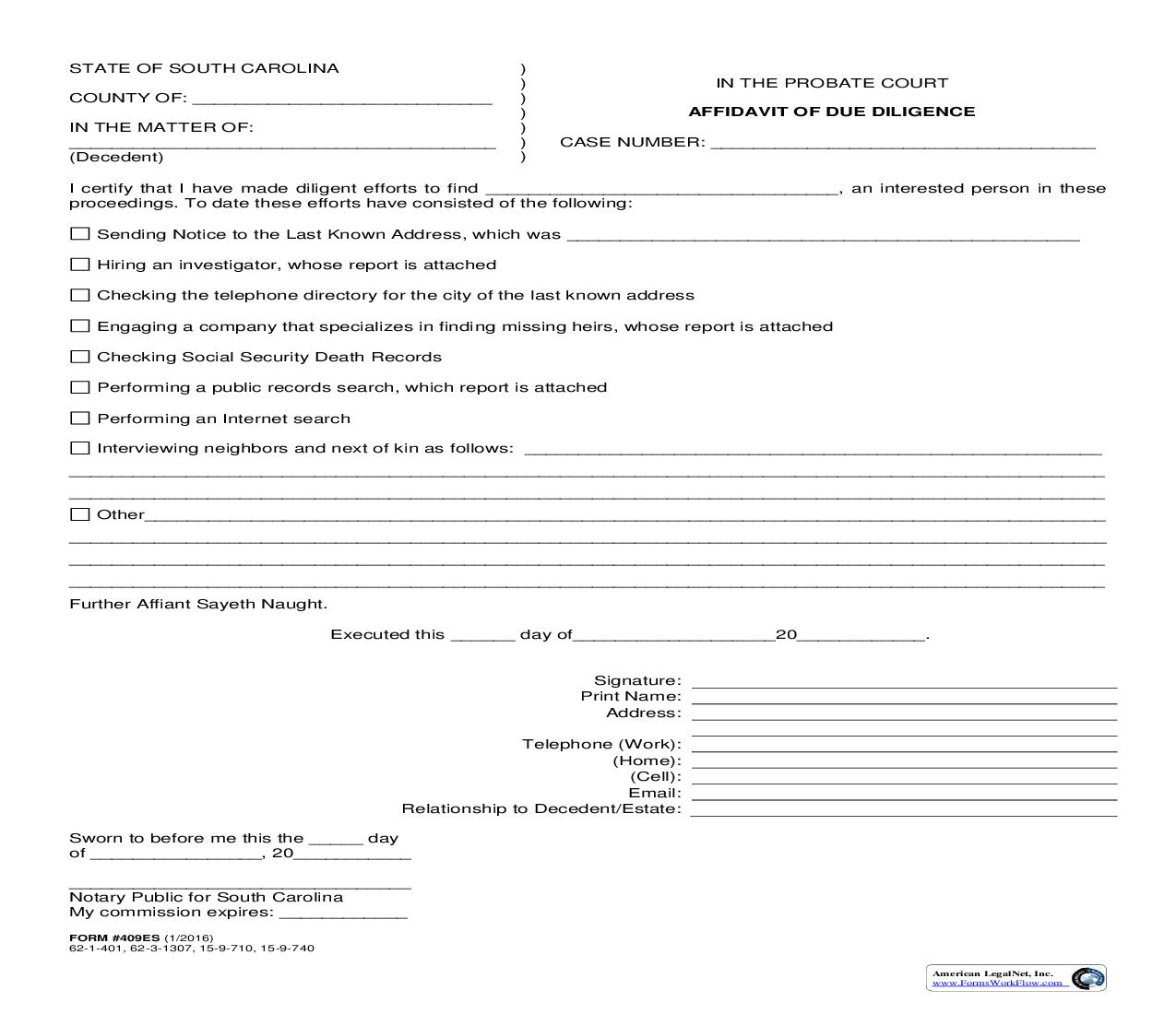 Affidavit Of Due Diligence {409ES} | Pdf Fpdf Doc Docx | South Carolina