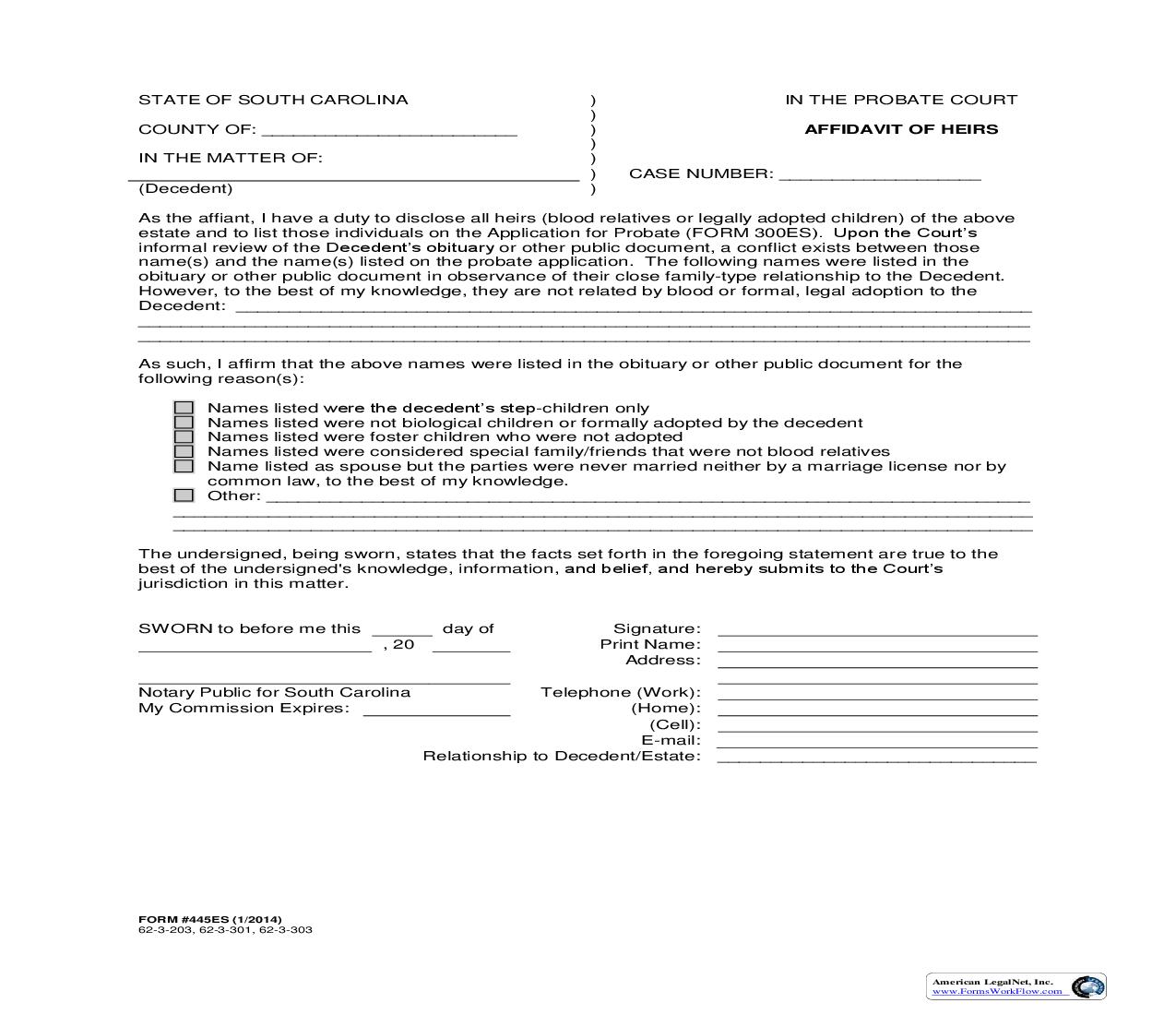 Affidavit Of Heirs {445ES} | Pdf Fpdf Doc Docx | South Carolina