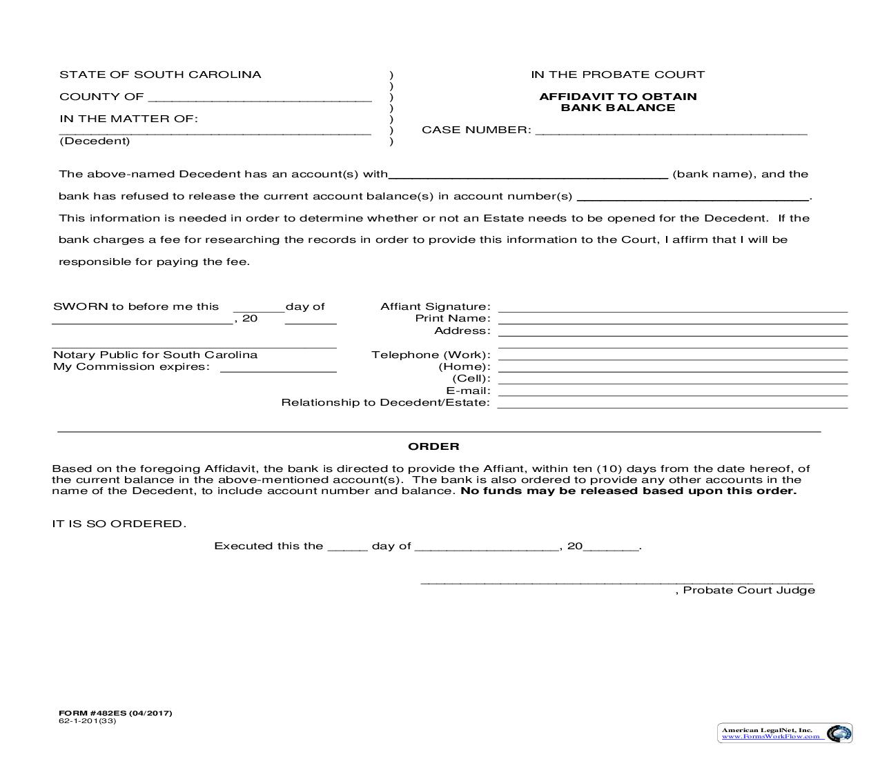 Affidavit To Obtain Bank Balance {482ES} | Pdf Fpdf Doc Docx | South Carolina