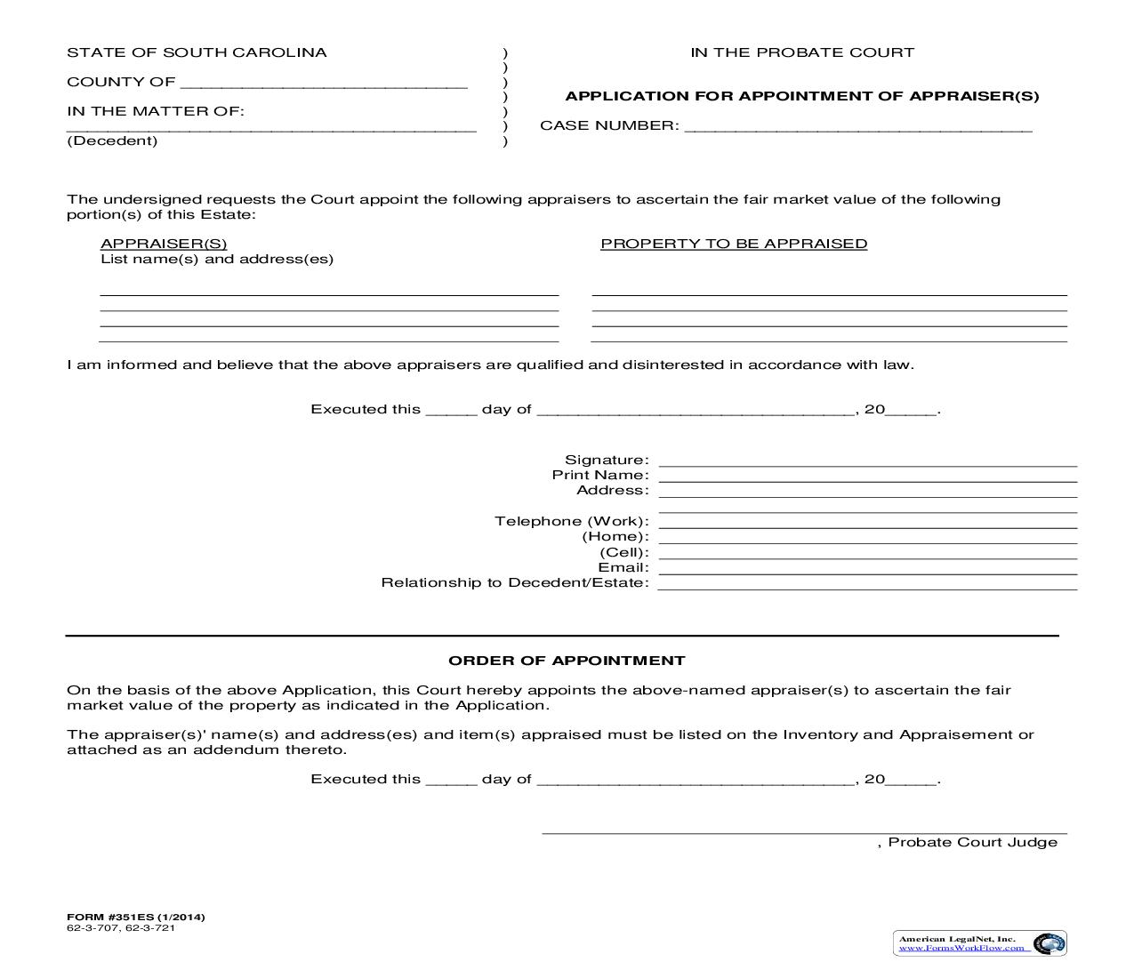 Application For Appointment Of Appraiser(s) {351ES} | Pdf Fpdf Doc Docx | South Carolina