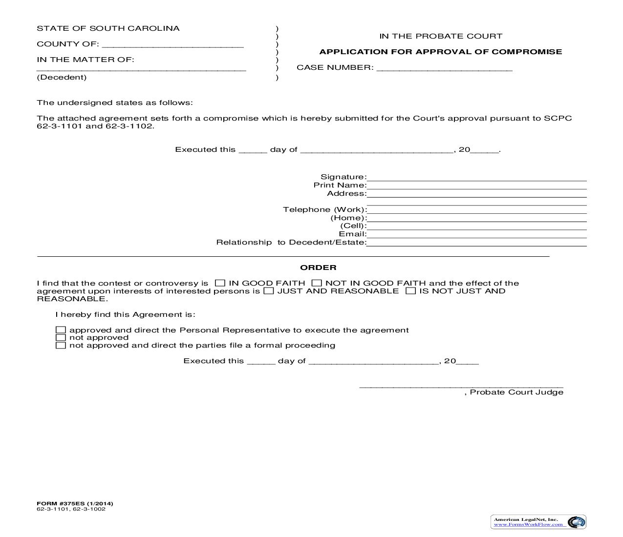 Application For Approval Of Compromise {375ES} | Pdf Fpdf Doc Docx | South Carolina