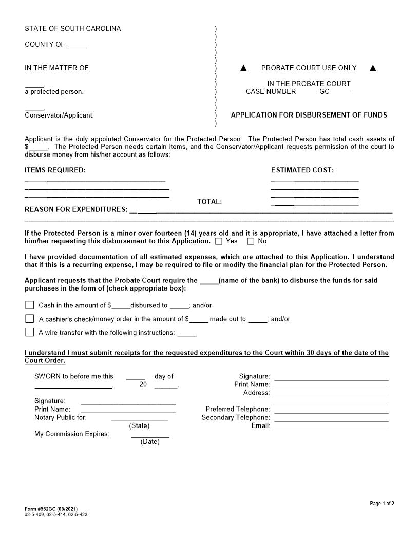Application For Expenditure(s) {552GC} | Pdf Fpdf Docx | South Carolina