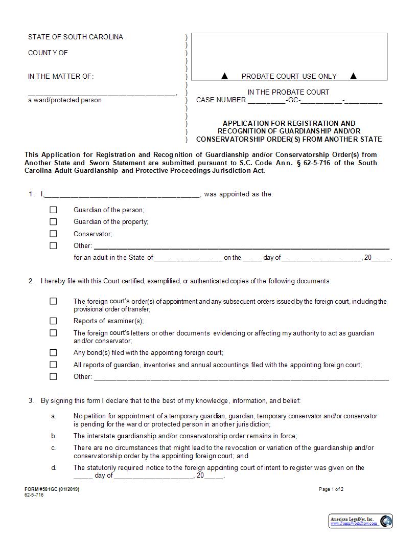 Application For Registration And Recognition Of Guardianship And-Or Conservatorship Order(s) {581GC} | Pdf Fpdf Docx | South Carolina
